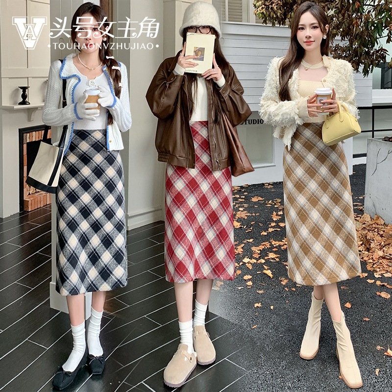 Retro woolen autumn fitted long skirt