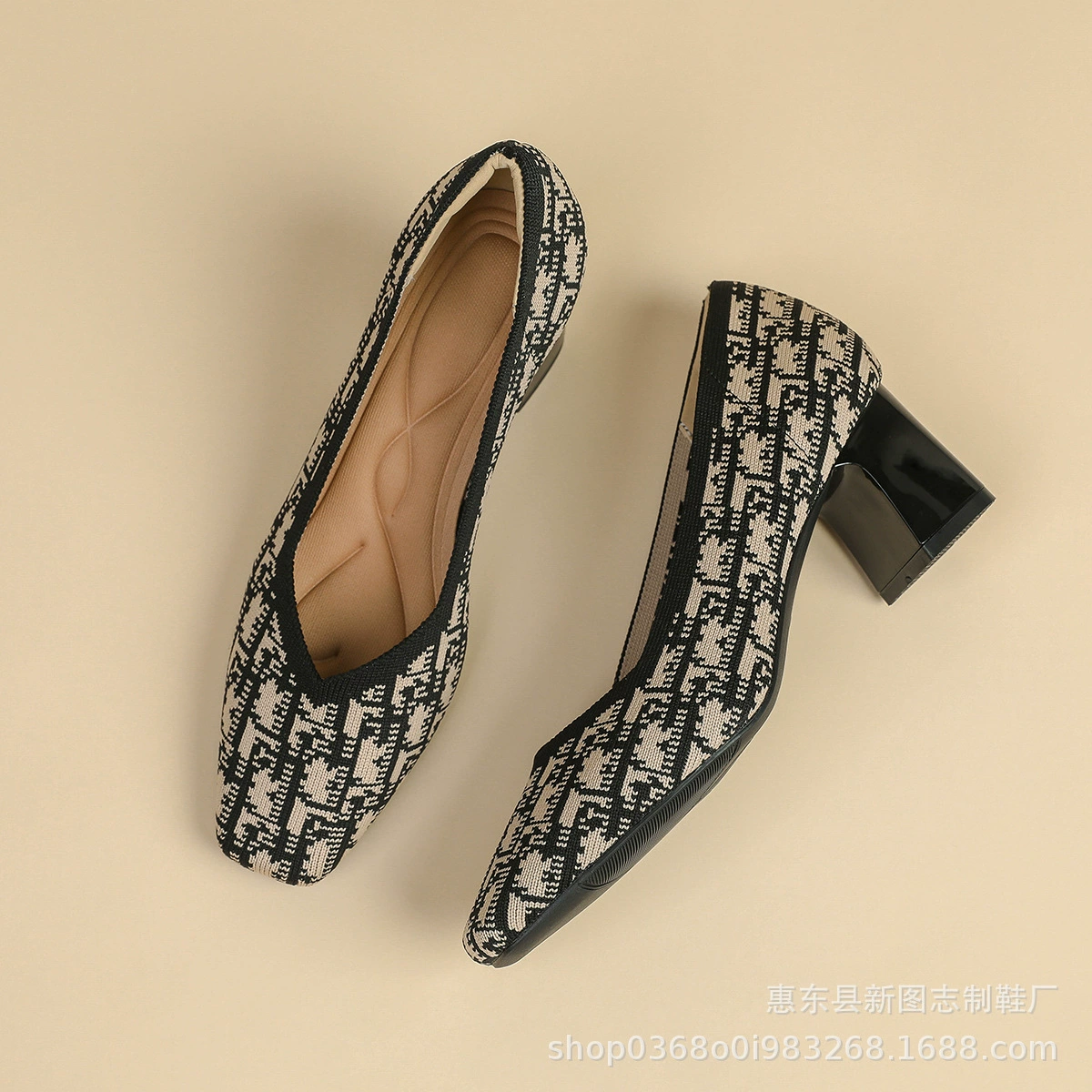 569 квадратная голова неглубокая осенняя новая мода европейская и американская D домой буквы черные вязаные каблуки женские толстые каблуки