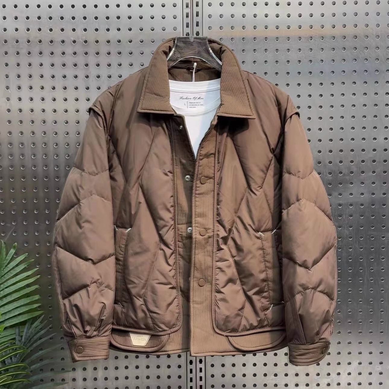 冬季款潮牌拼接两件翻领轻薄羽绒服纯色韩版修身白鸭绒外套