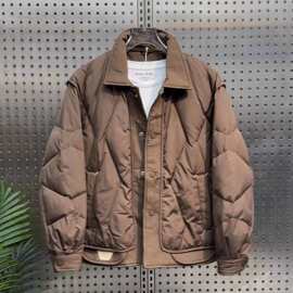 冬季款潮牌拼接两件翻领轻薄羽绒服纯色韩版修身白鸭绒外套