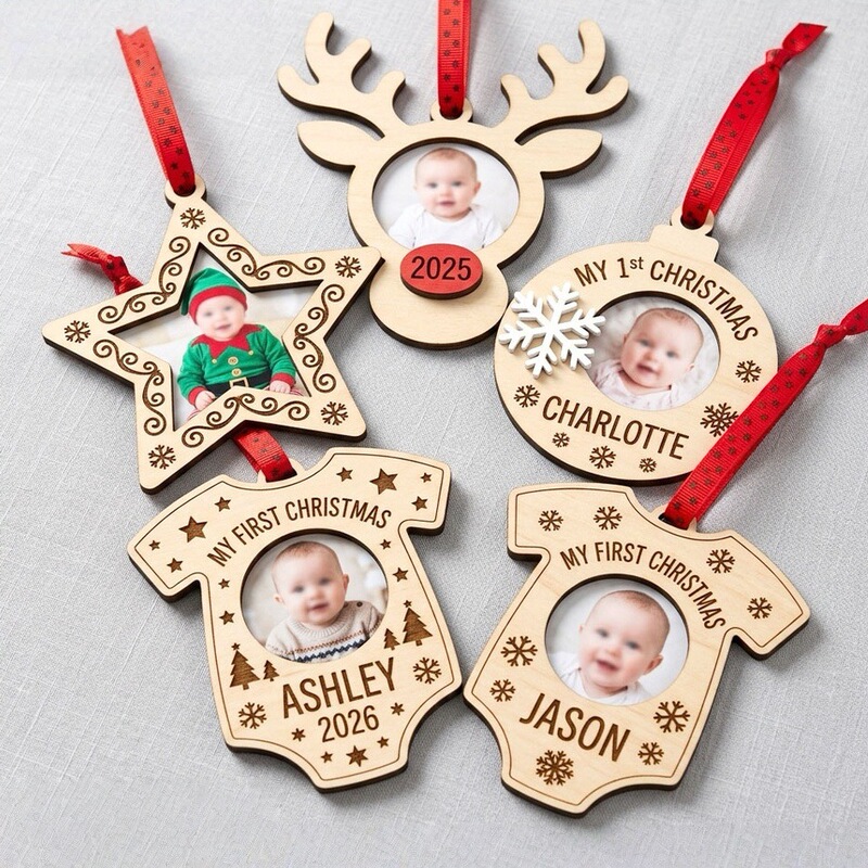 Cross-Border Hot-Selling Product: Baby's First Christmas Customizable Name Christmas Tree Commemorative Ornament Wooden Photo Hanging Decoration
