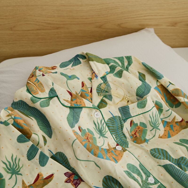 Spring, Summer and Autumn Zodiac Year Tiger Pure Cotton Long-Sleeved Thin Double-Layer Gauze High-End Casual Suit Home Wear