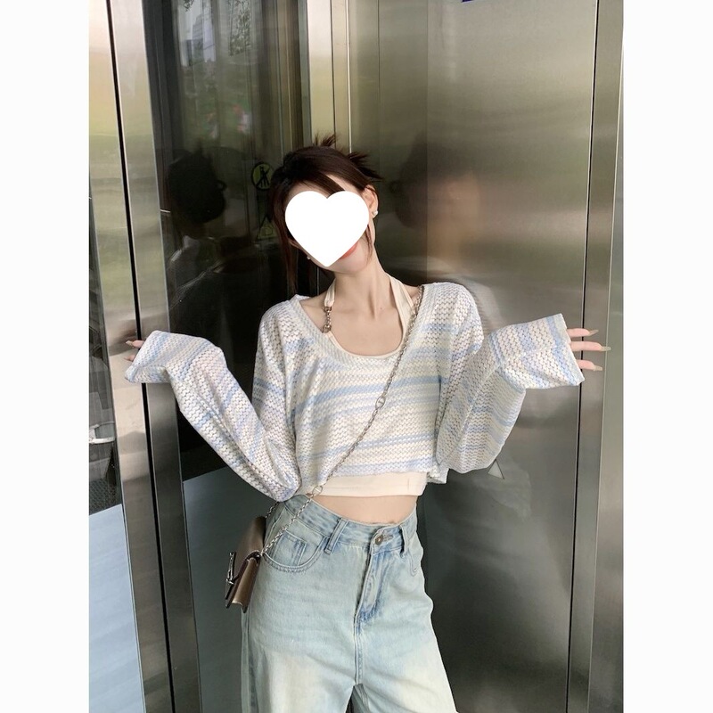 Striped Hollow-Out Sun-Protective Long-Sleeve Knit Top for Women, New Summer Style, Age-Reducing, Fashionable, Loose-Fitting, Versatile, Niche Base Layer Top