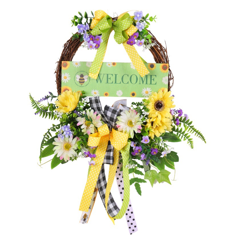 Letrero de Madera de Bienvenida Primavera, Decoración al por Mayor 2025, Nuevo Estilo Transfronterizo, Flor Artificial, Lazo para Colgar en la Puerta, Letrero de Bienvenida para Puerta