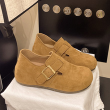 丑萌复古内增高一字扣勃肯鞋女年新款懒人一脚蹬平底豆豆鞋