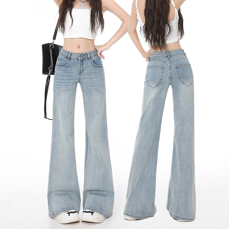 Light Blue Bootcut Jeans for Women in Summer, Thin, Low-Waisted, Loose and Drapey, Floor-Length, Petite, Non-Leg-Hugging Bell-Bottom Pants