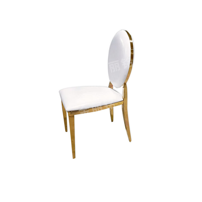 Silla de acero inoxidable dorada para hotel, bodas, banquetes, restaurantes, sala de estar, silla de comedor con respaldo redondo de acero inoxidable, venta al por mayor.