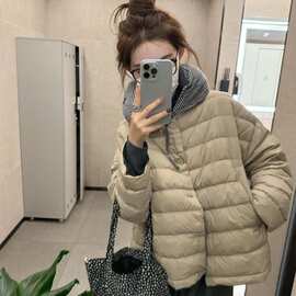 依号家韩系简约百搭圆领单排扣宽松外套冬季新款短款轻薄棉服上衣