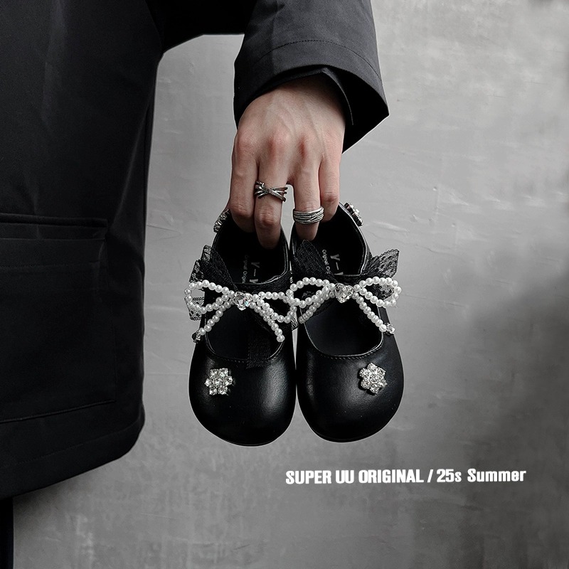 British Style Girls' Rhinestone Leather Shoes Autum New Bow Beaded Little Girl Performance Dance Shoes Kidsren's Shoes