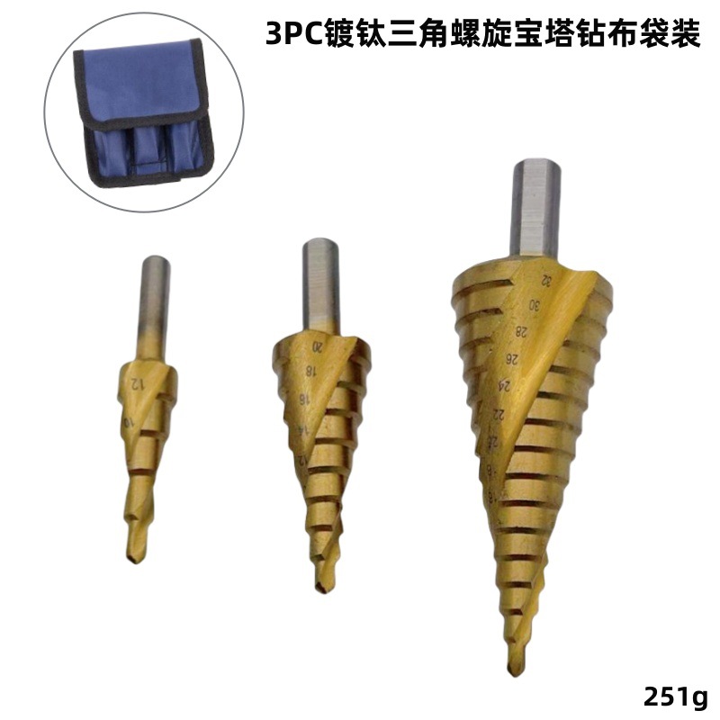 Alta VELOCIDAD DE ACERO pagoda taladro recto ranura mango hexagonal titanio-plateado paso taladro escariado agujero abridor bolsa de tela traje paso Taladro
