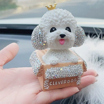 Car Ornaments with Diamonds, Teddy Dog Head-Shaking Dog Figurine, High-End Car Decorations for Female Drivers, Interior Car Decoration Items for Women