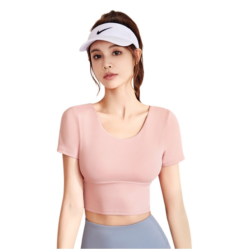 Juyitang, parte de atrás bonita, ropa de yoga de manga corta, aspecto adelgazante ajustado, tops deportivos, ropa de fitness desnuda para mujer con almohadillas para el pecho