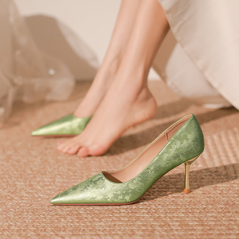 Niche French Style Socialite New Chinoiserie Green High Heels Women's Stiletto 2024 New Pointed Toe Shallow Mouth Flats for Women