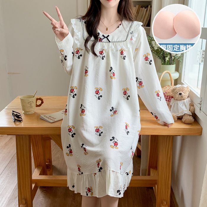 Pijamas transfronterizos de otoño de mujeres con cojín de pecho nubes de algodón pijama de manga larga princesa de viento de flores frágil ropa para el hogar se puede usar fuera