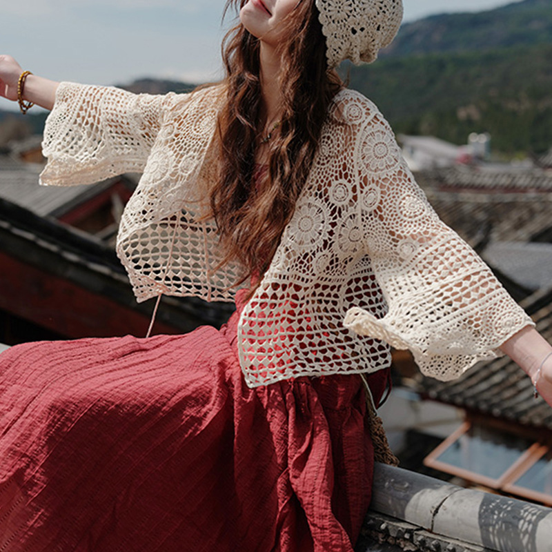 Gouhua Hollow Knitted Blouse Women's Summer Outfit New Bohemian Seaside Vacation Long Sleeve Top Hollow Shirt