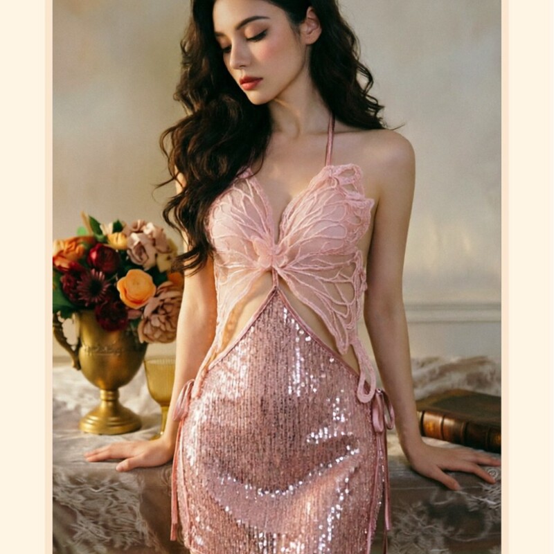 Sexy Lingerie, Sexy Suspenders, Pure Lust Style Nightgown, Large Butterfly Tie, Transparent Mesh Sexy Nightgown 075