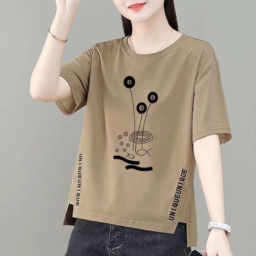 2025 Summer Irregular Print Short-Sleeve T-Shirt Women's Front Short Back Long T-Shirt Top