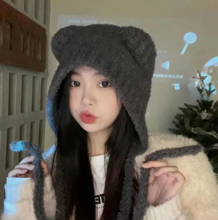 可爱小熊耳朵毛绒帽女冬季百搭显脸小保暖护耳帽大头围针织针织帽|undefined