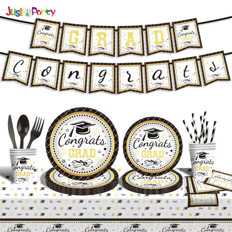 Black gold graduation season party decoration theme tableware suit 7 inch 9 inch disposable decorative paper towel paper tray