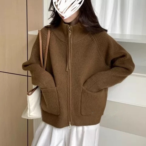 针织开衫女2025春秋新款韩版圆领显瘦纯色双拉链短款小个子外套|undefined