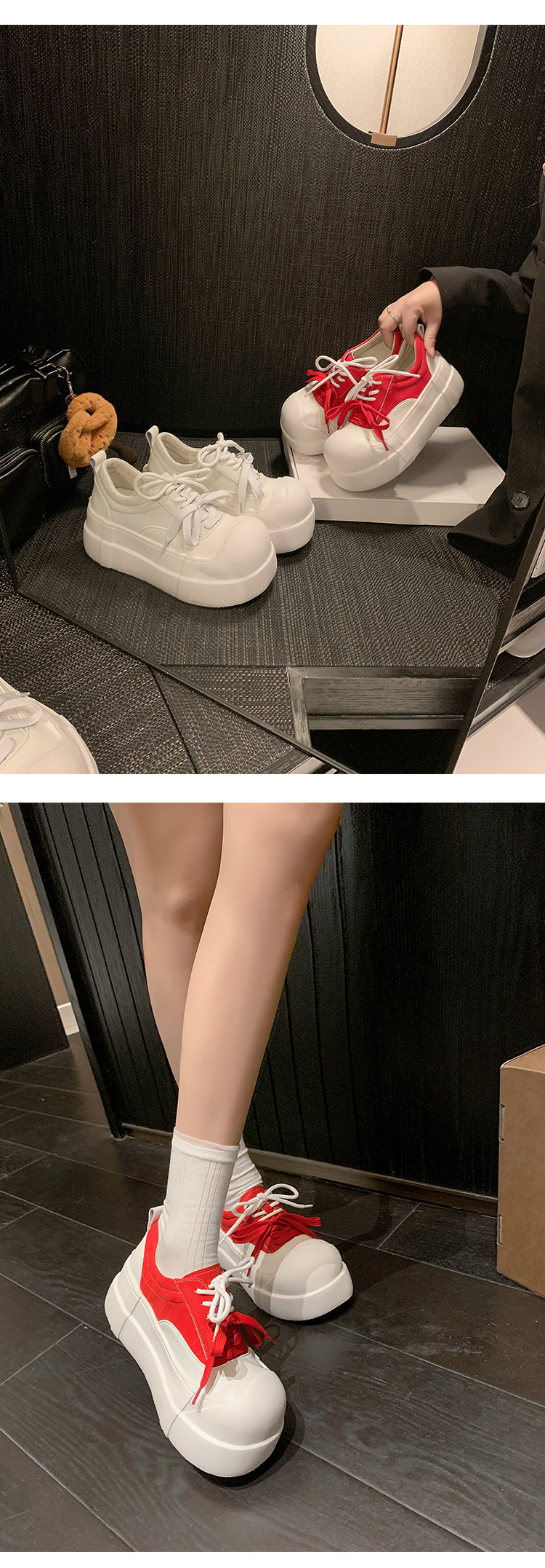 Giày sneaker nữ chunky đế dày mũi tròn phối màu dây buộc cổ sâu — màu trắng, màu đỏ chi tiết 9
