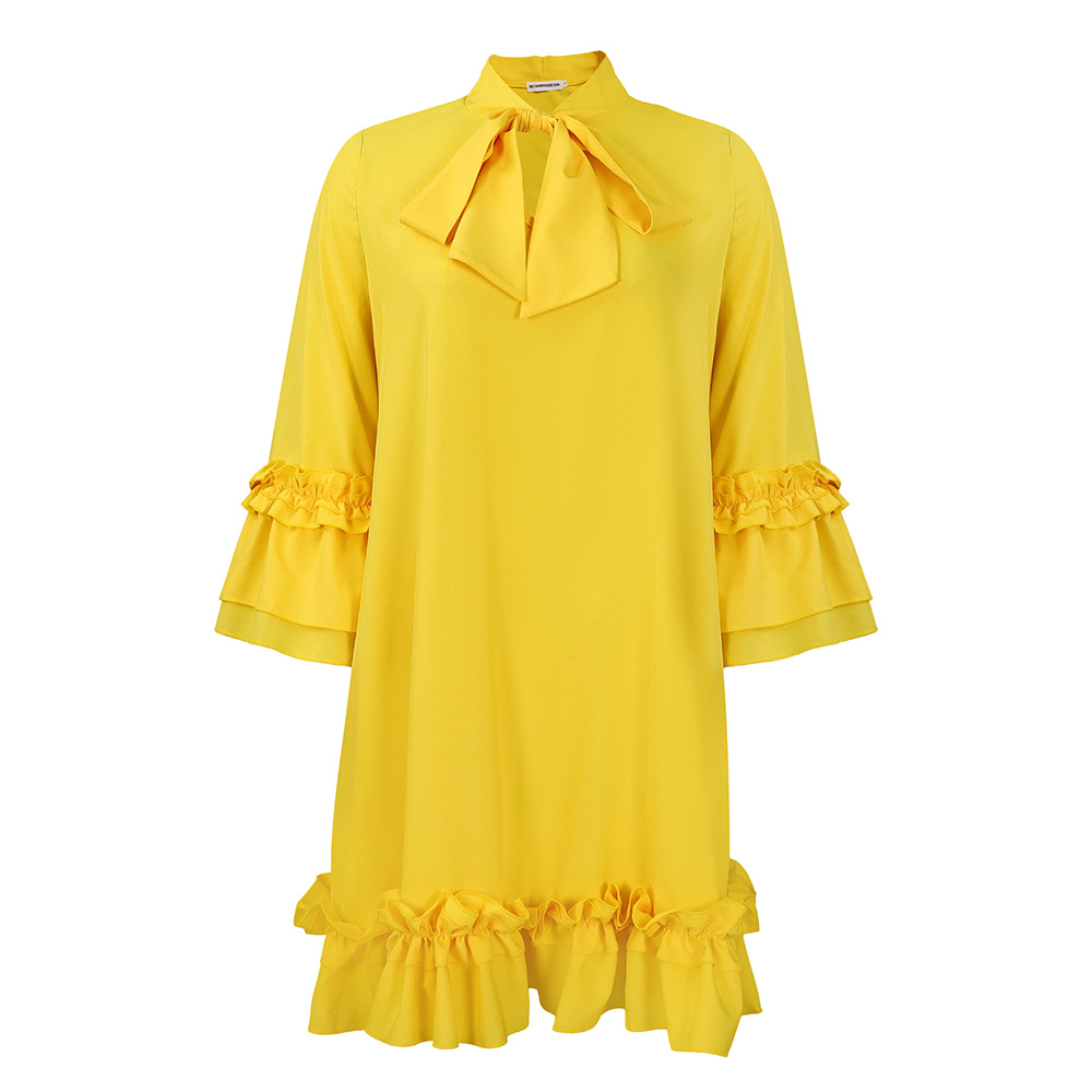 Plus Size Casual Dress Ruffled Sleeve Tie Waist Solid Color Comfortable Everyday Wear Wholesale Available