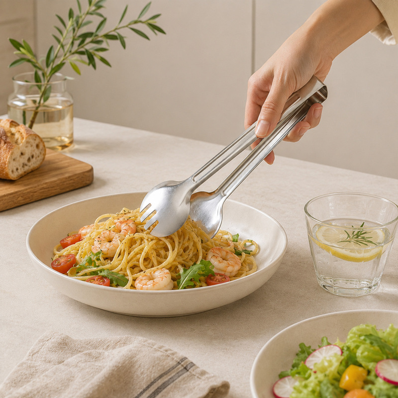 Stainless steel food tongs for kitchen, barbecue, baking, buffet serving. Durable salad tongs with long handle in ins style