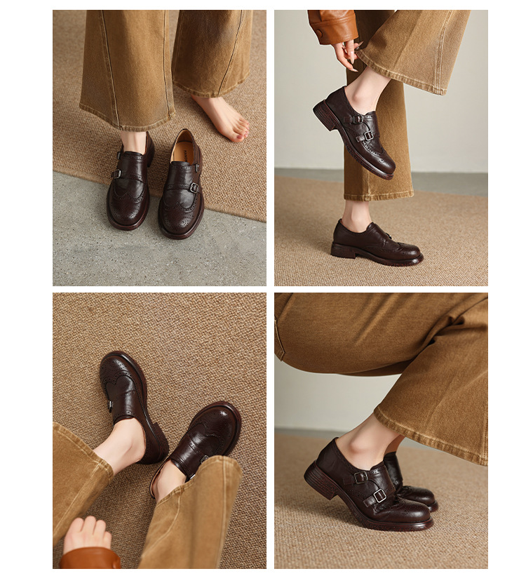 Giày loafer nữ mũi tròn bít phong cách Anh quốc, khóa thắt lưng trang trí — màu nâu chi tiết 9