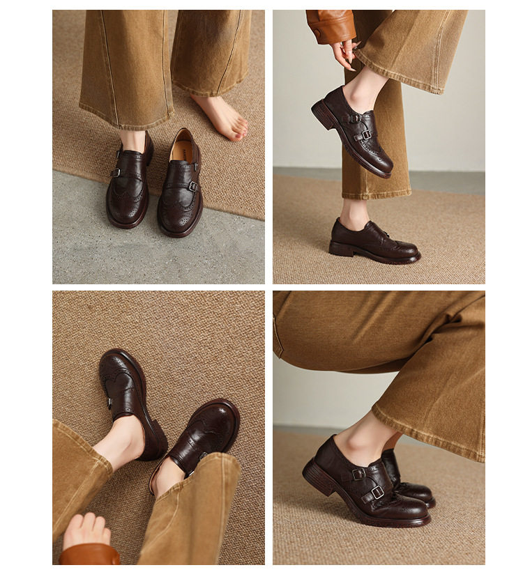 Giày loafer nữ mũi tròn bít phong cách Anh quốc, khóa thắt lưng trang trí — màu nâu chi tiết 9
