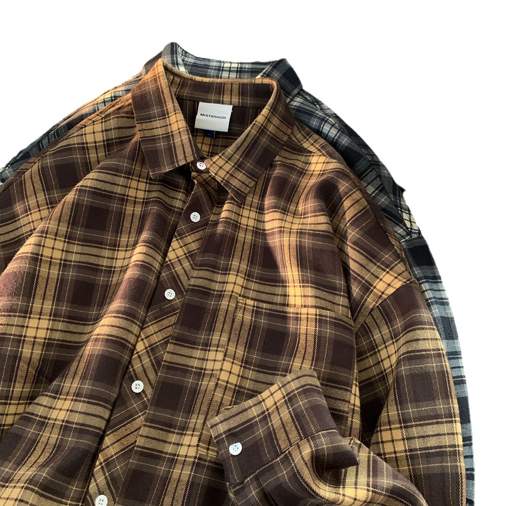 Otoño Hong Kong estilo camisa a cuadros hombres Pu guapo de alta calidad camisa de manga larga de moda marca de moda estilo japonés Capa delgada interior