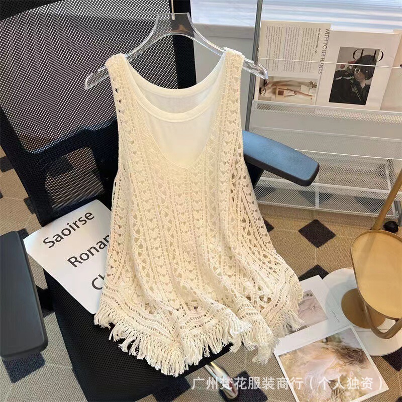 Summer Hollow-Out Design Backless Knitted Top with Tassels, Versatile Sleeveless Camisole for Women Summer Hollow-Out Design Backless Knitted Top with Tassels, Versatile Sleeveless Camisole for Women
