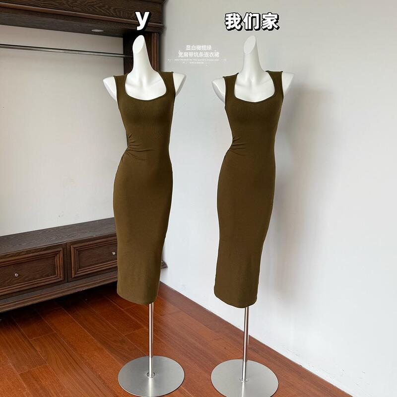 Tailand Holiday~ Olive Green Wide-Strap Ribbed Dress for Women, Spring/Summer Pleated Strap Bodycon Long Dress Tailand Holiday~ Olive Green Wide-Strap Ribbed Dress for Women, Spring/Summer Pleated Strap Bodycon Long Dress