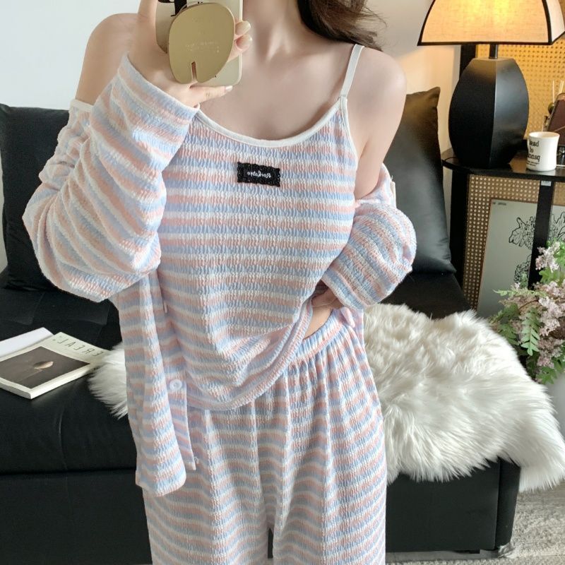 Striped Color-Block Three-Piece Pajama Set for Women with Chest Pads, 2025 Spring and Autumn Knitted Camisole, Long-Sleeved Top, Long Pants Loungewear Set