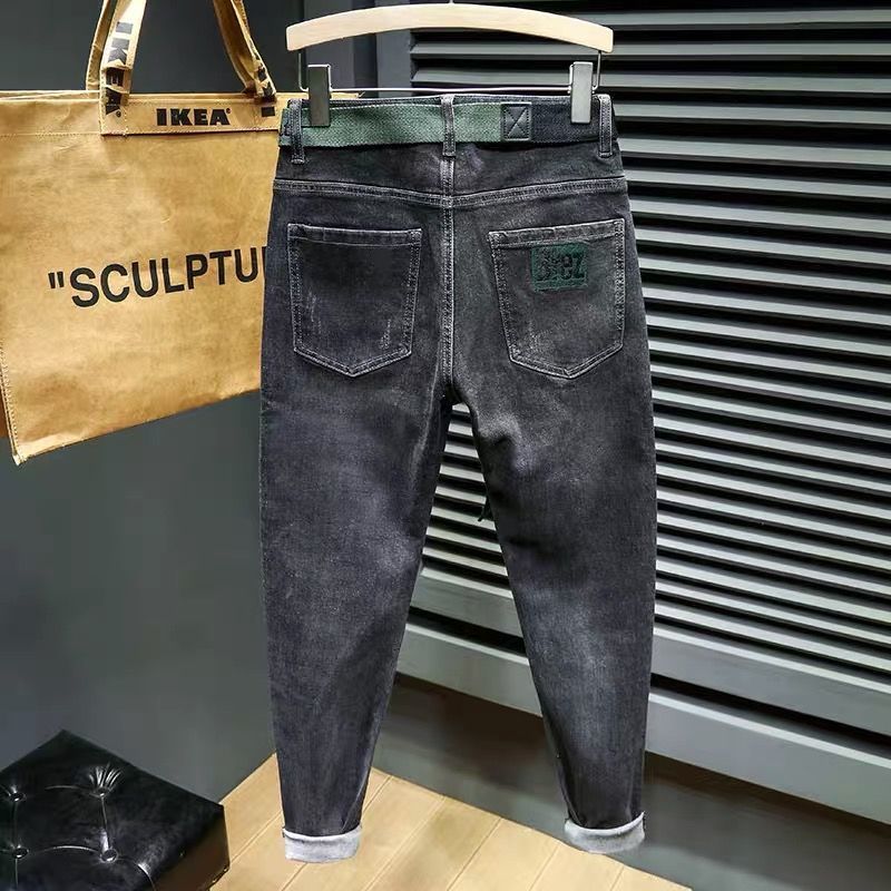 Winterplüschige und dicke Jeans für Herren, trendige kleine Füße, hochwertige, lässige, elastische Slim-Fit-Langhose_voghion.com