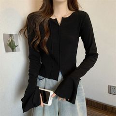 300斤大码女装胖长袖别致恤打底衫秋冬新款开叉百搭喇叭袖上衣