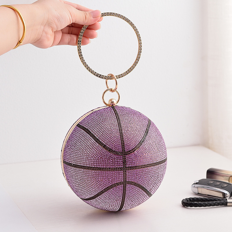 Nuevo bolso de cena de baloncesto de color transfronterizo, bolso de banquete portátil de diamantes completos redondos, bolso diagonal de noche de color degradado de todo fósforo
