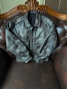 Retro leather jacket for leisure, oversize, genuine leather, cowhide