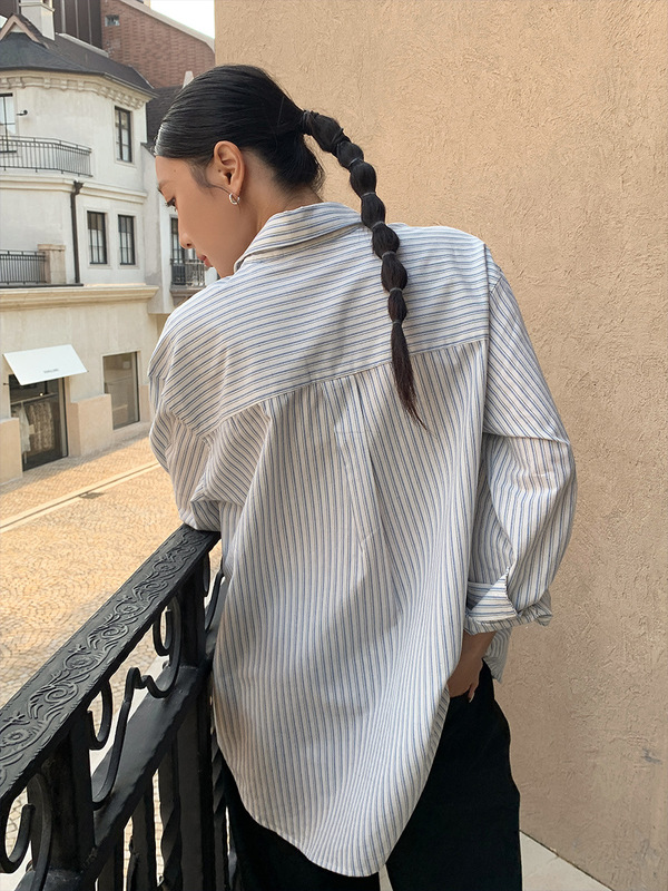 衣尔衫 精致的休闲 条纹宽松口袋中性风衬衫女POLO领韩系慵懒0540|undefined