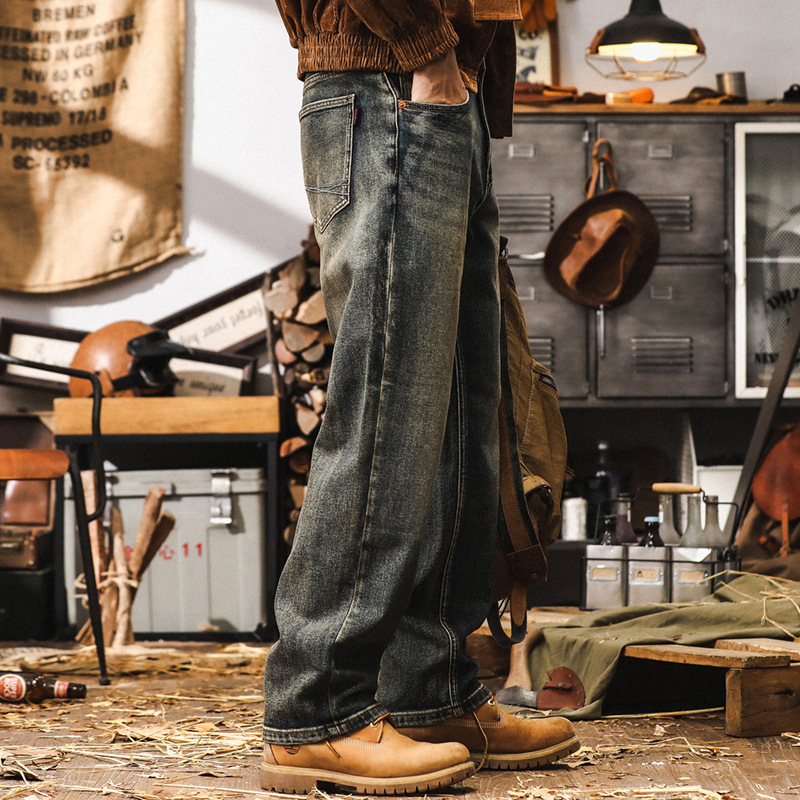 American Classic Heavy Jeans Men's Autumn 2024 New Vintage Strong Tea Dyed Washed Straight Casual Long Pants