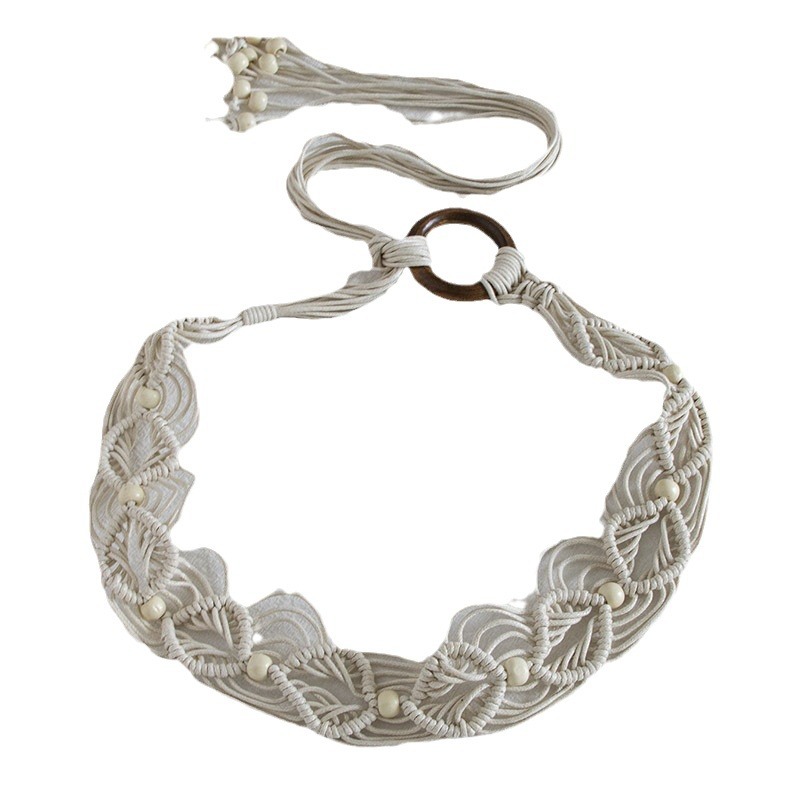 Estilo bohemio cuerda de cera tejida anudada estilo étnico cuentas de madera hechas a mano cinturón de mujer estilo de vacaciones casual exquisita cuerda de cintura