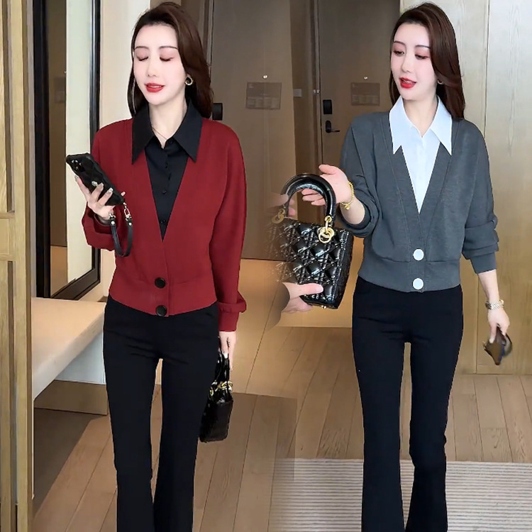 時尚洋氣上衣女2025春季新款遮肉顯瘦假兩件襯衫搭配微喇褲外貿