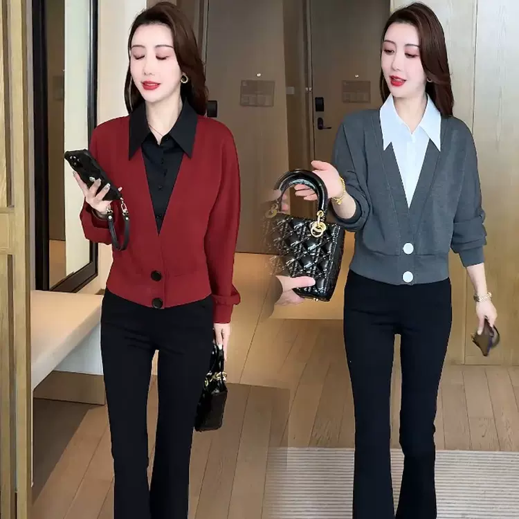 时尚洋气上衣女2025春季新款遮肉显瘦假两件衬衫搭配微喇裤外贸
