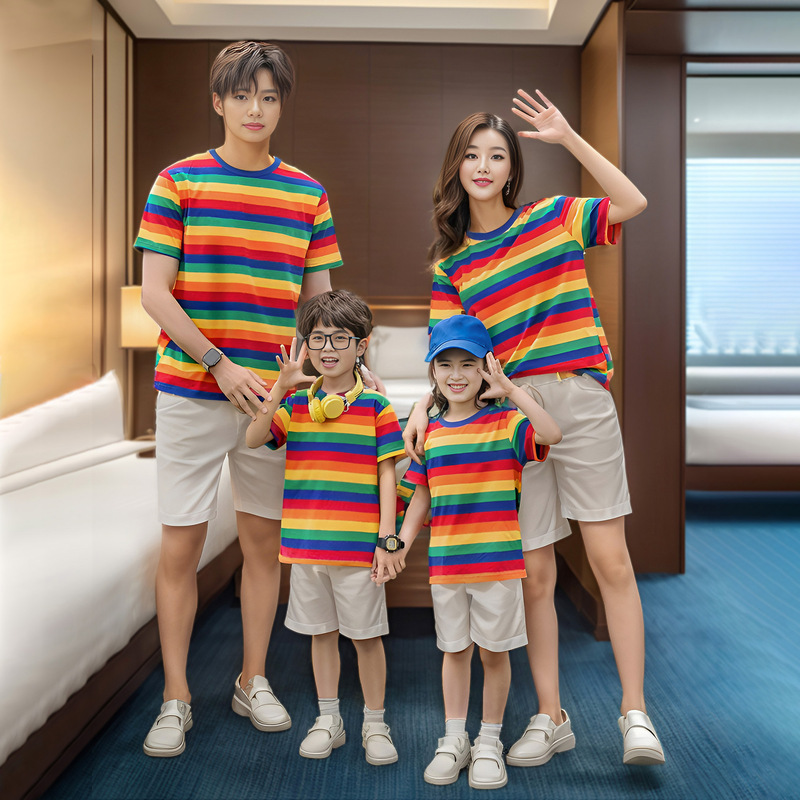 In stock 2024 new parent-child wear summer striped short sleeve Korean style full home decoration mother-child Women's clothing class a cotton T-shirt
