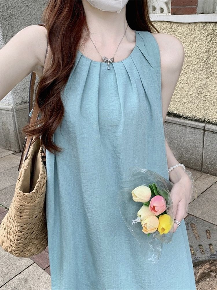 Đầm maxi nữ mùa hè dáng suông tay vest, phong cách nghỉ mát bãi biển — Xanh lá cây nhạtcolor chi tiết 1