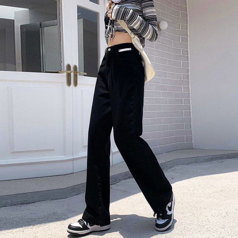 Black niche design straight casual wide-leg pants small leather label high waist draping loose mop jeans for women