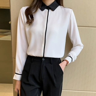 现货2025春气质撞色雪纺衫女长袖设计感小众轻熟衬衣百搭衬衫上衣