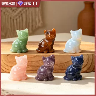 天然水晶1.5寸猫咪摆件原石半宝石雕刻件工艺品桌面玉石热销跨境