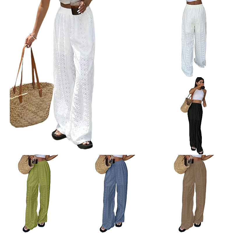 Cross-border European and American Amazon women's summer solid color hollow embroidered casual elastic waist long pants, versatile and casual