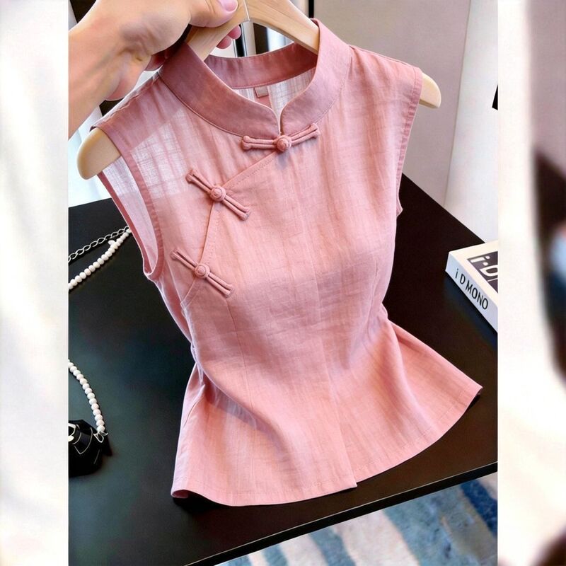2026 Summer New Style Button-Down Stand-Collar Sleeveless Shirt for Women, New Chinese-Style Niche Design, New Chinese-Style Top for Women