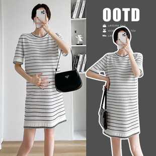 Real Shot of Pregnant Women's Summer Korean Style French Simple Round Neck Hollow Short-Sleeved Loose Belly-Covering Maternity Dress